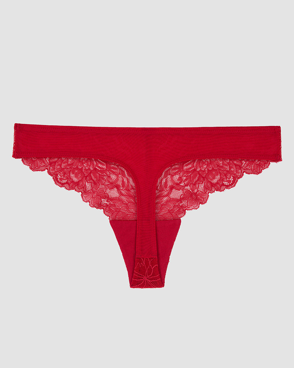 A lady wearing Luxe Lace Thong - Crimson