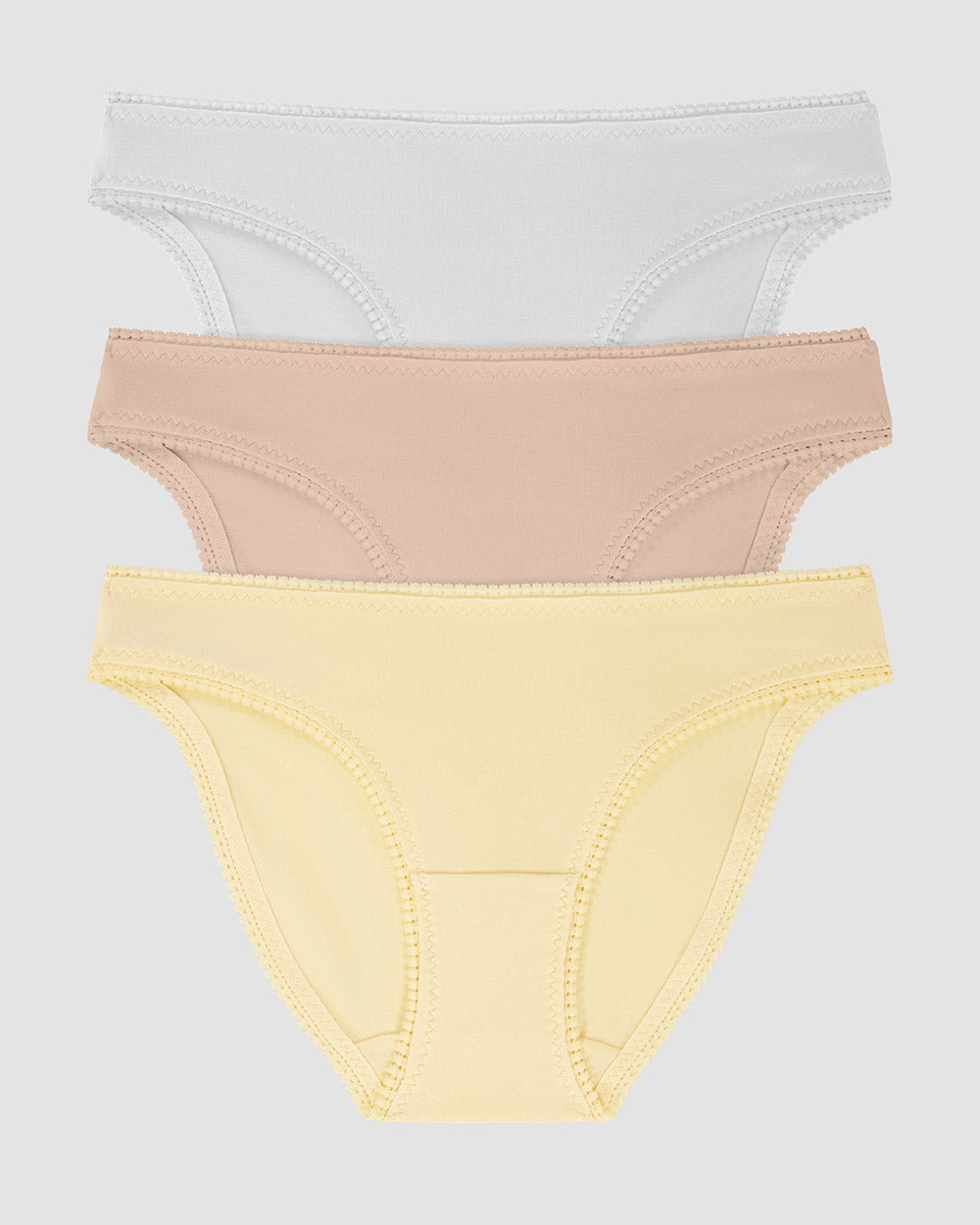 A Cabana Cotton Bikini Underwear 3 Pack - Banana Cream Champagne White the front view of the colors