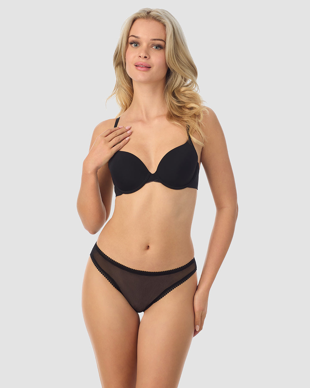 A lady wearing Black Sleek Micro T-Shirt Bra