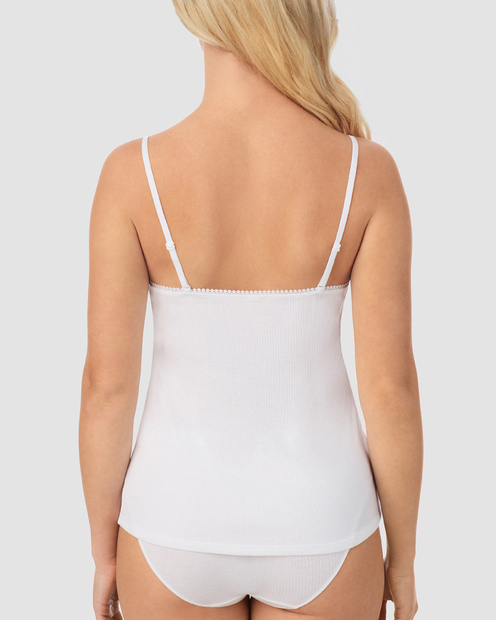 A lady wearing Cabana Cotton Rib Cami - White