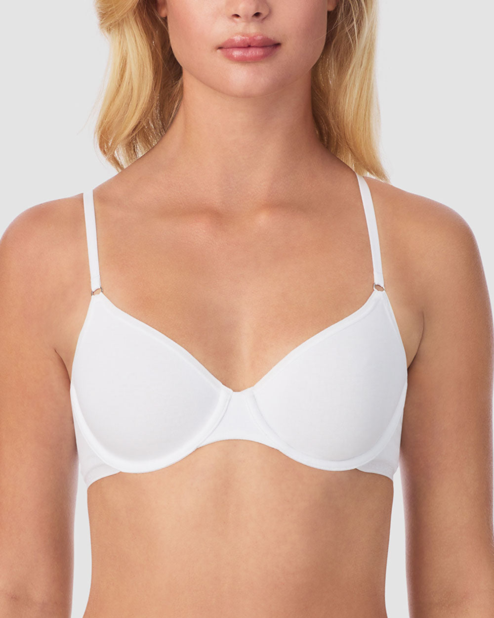 A lady wearing a white Cabana Cotton Unlined Underwire Bra
