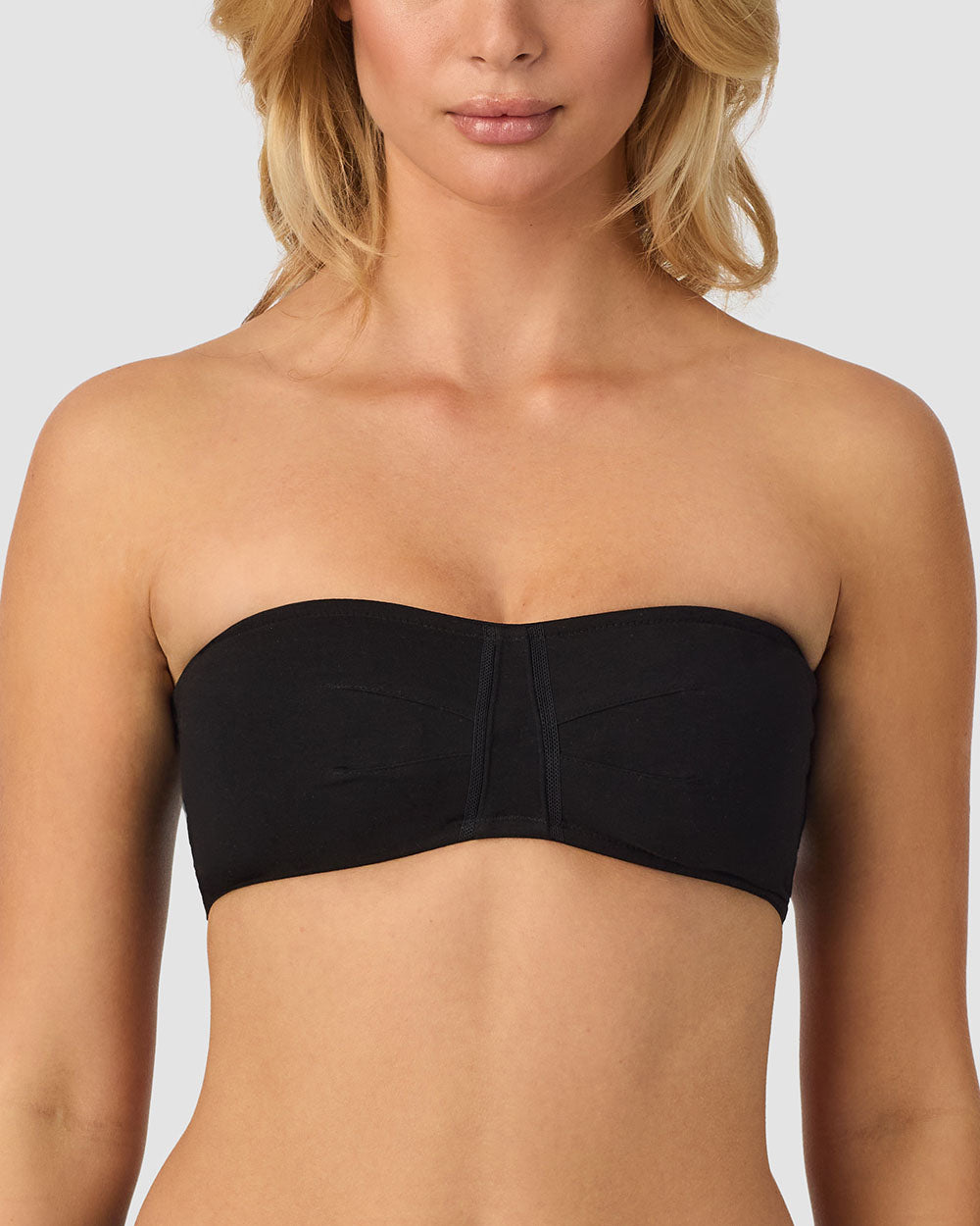 A lady wearing Black Cabana Cotton Bandeau Bralette
