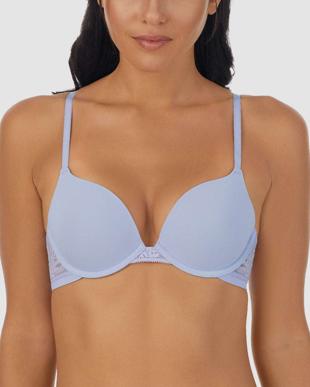 A lady wearing baby lavender Sleek Micro Push Up Bra With Lace