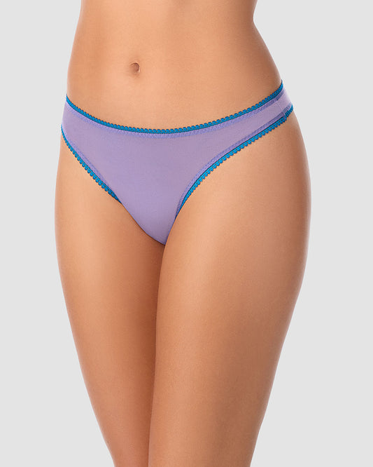 A lady wearing twilight blue Gossamer Mesh Hip G Thong Underwear