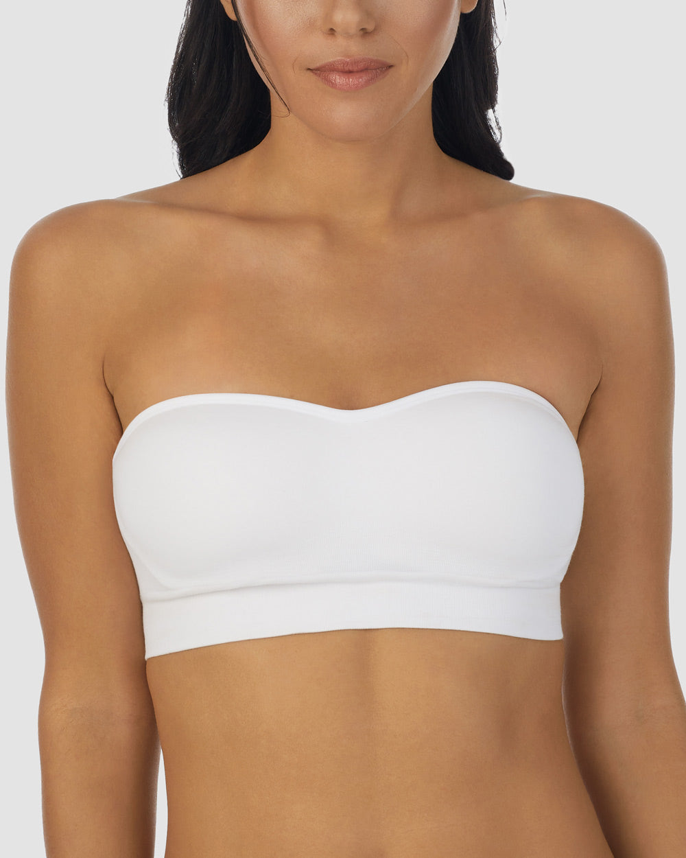 A lady wearing White Cabana Cotton Seamless Strapless Bandeau