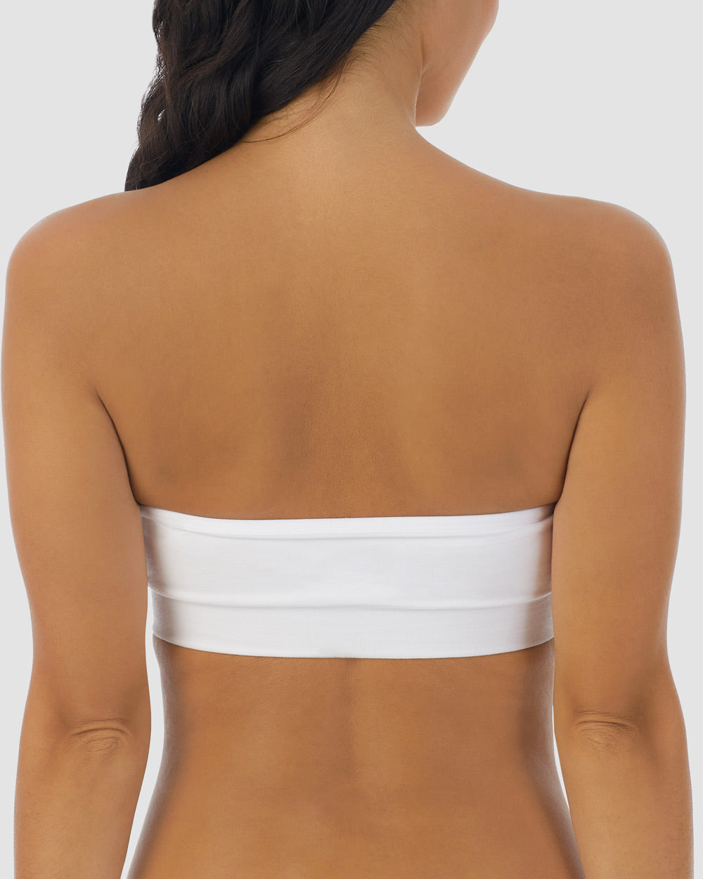 A lady wearing White Cabana Cotton Seamless Strapless Bandeau