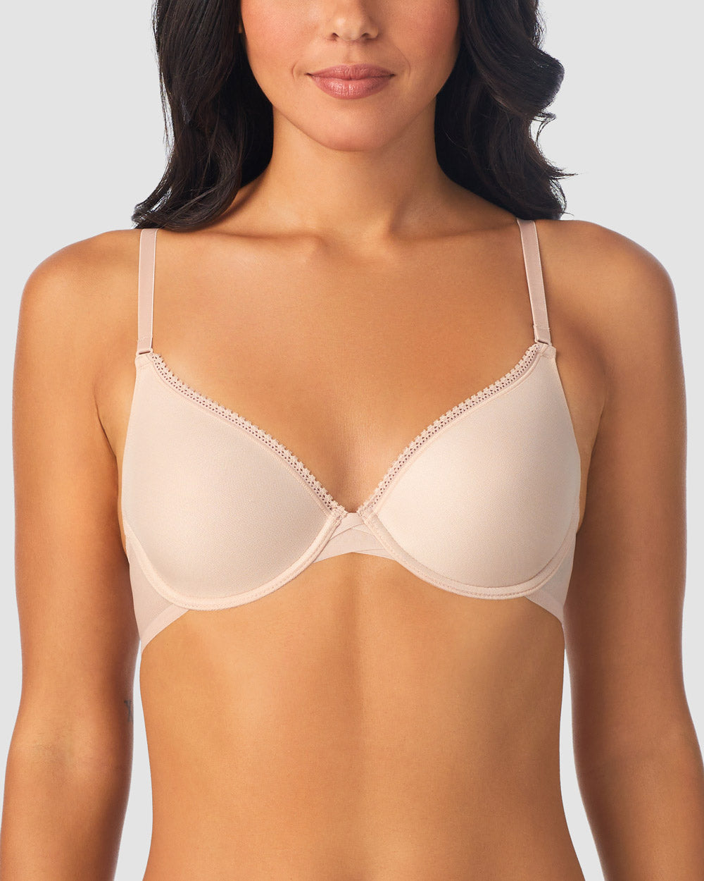 A lady wearing Champagne Gossamer Mesh Convertible T-Shirt Bra