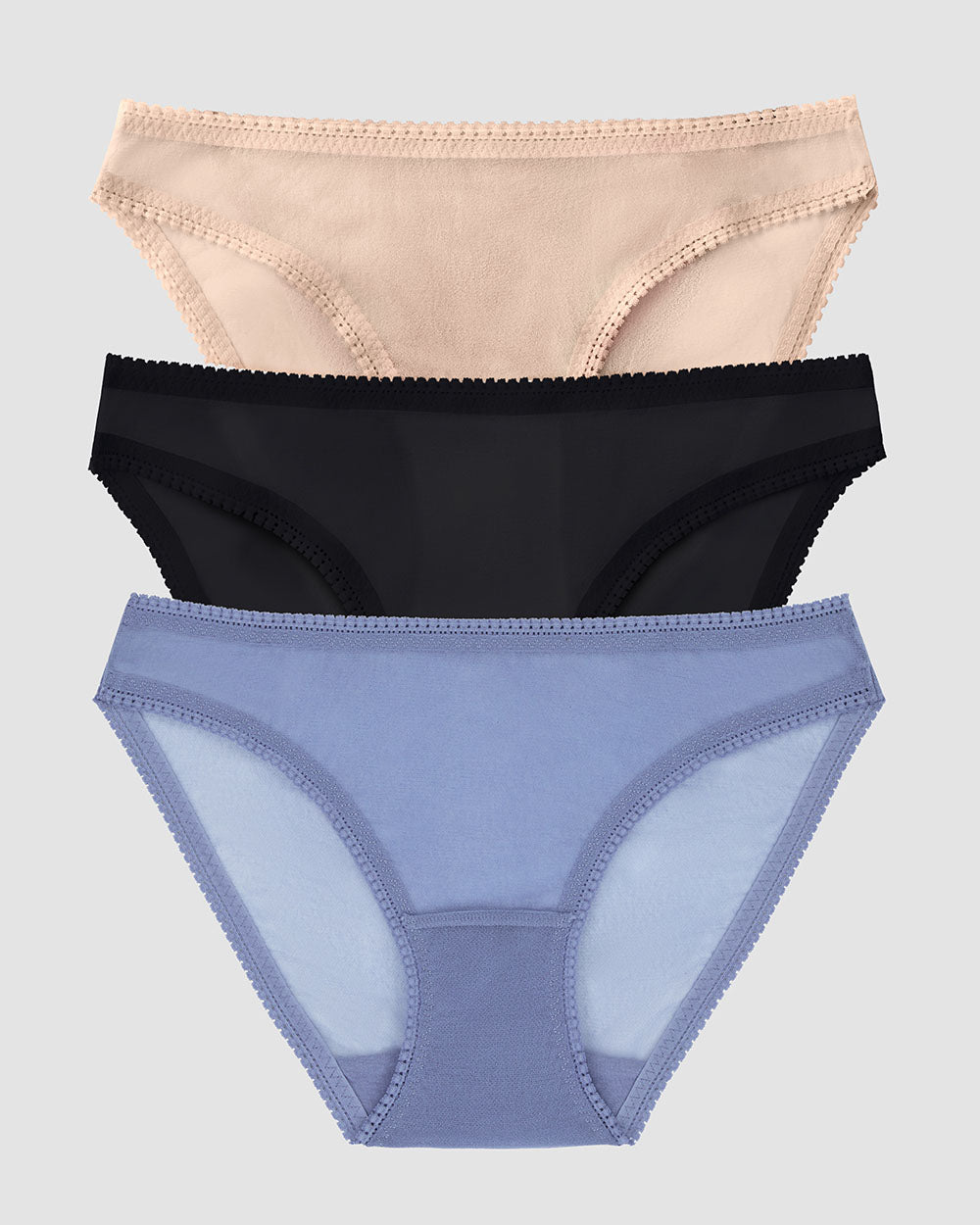 Gossamer Mesh Hip Bikini Underwear 3 Pack - Country Blue Black Champagne