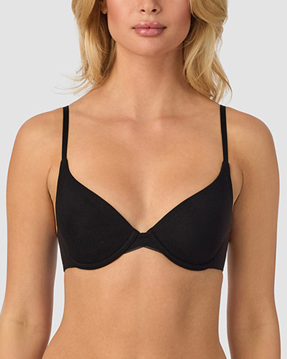 A lady wearing black cabana cotton convertible t-shirt bra.A lady wearing black cabana cotton convertible t-shirt bra.