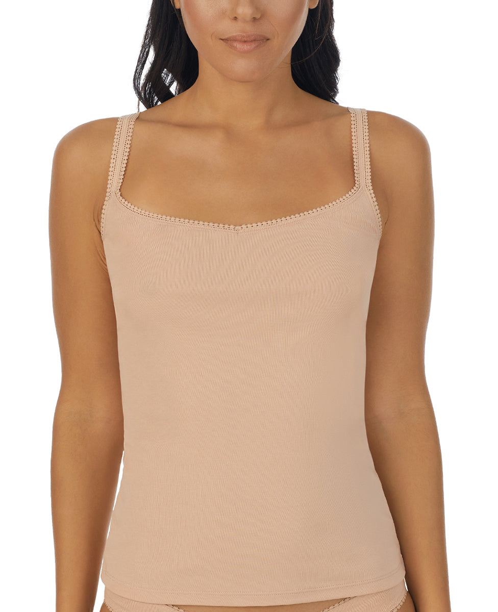 A lady wearing champagne Cabana Cotton Reversible Cami