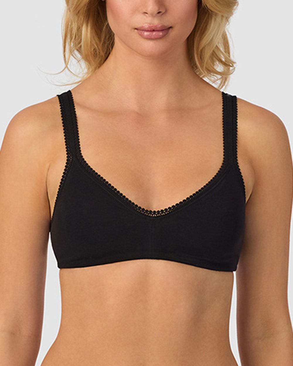 A lady wearing black Cabana Cotton Bralette