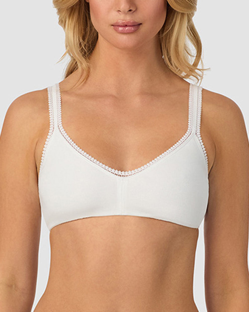 A lady wearing White Cabana Cotton Bralette