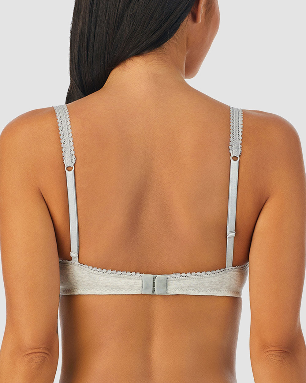 A lady wearing heather grey Cabana Cotton Bralette