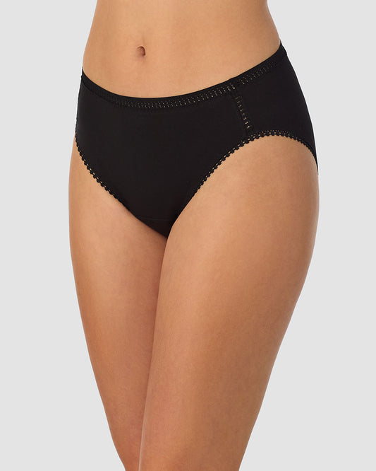 A lady wearing black Cabana Cotton Leak Proof Hi Cut Brief