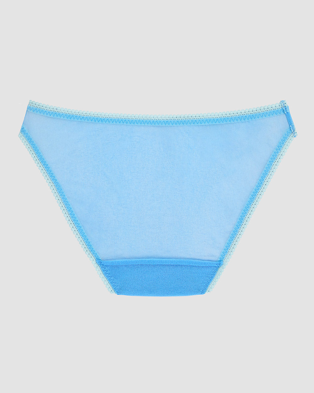 A lady is wearing Blue Hydrangea Gossamer Mesh Hip Bikini Underwear.