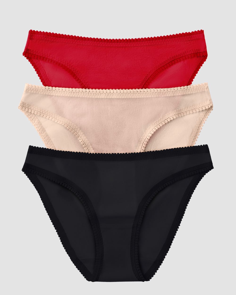 Gossamer Mesh Hip Bikini 3 Pack Ornament Set - Black Champagne Crimson