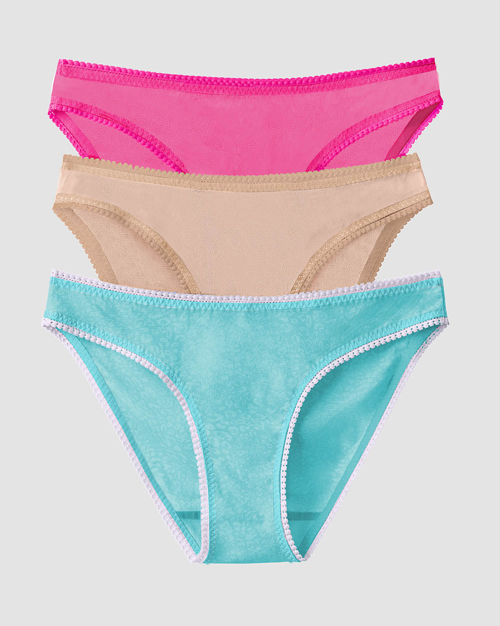 The Front view of Gossamer Mesh Hip Bikini Underwear 3-Pack - Sweet Fuchsia/Champagne/Waterfall