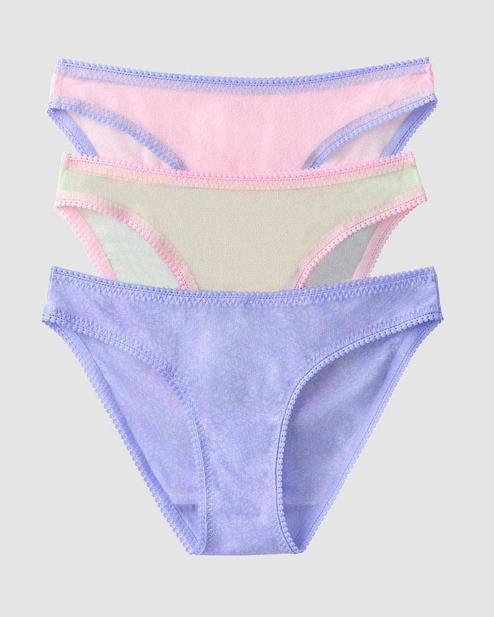 Gossamer Mesh Hip Bikini Underwear 3-Pack -Dusted Lime/Pink Dream/Modern Animal Front View of the Products
