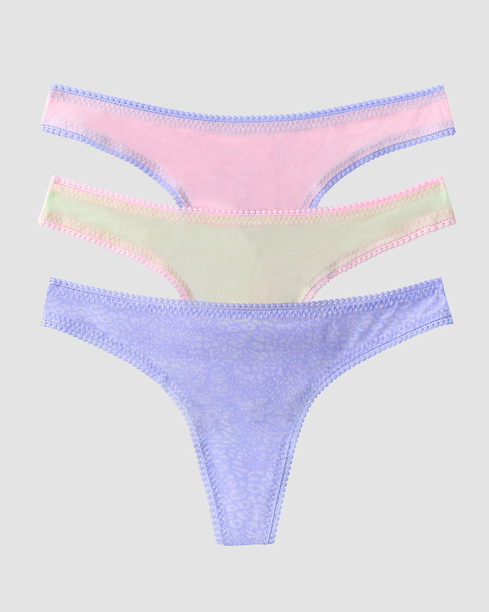Gossamer Mesh Hip G Thong Underwear 3 Pack - Dusted Lime/Pink Dream/Modern Animal Front View of the Products