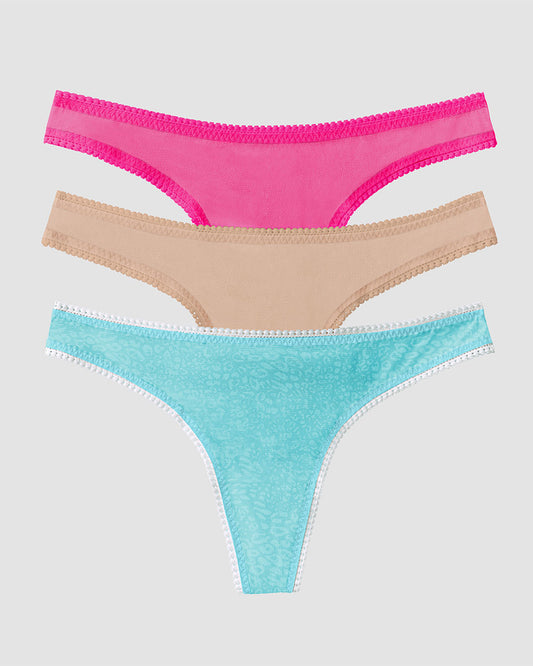 The Front View of Gossamer Mesh Hip G Thong Underwear 3 Pack - Sweet Fuchsia/Champagne/Waterfall
