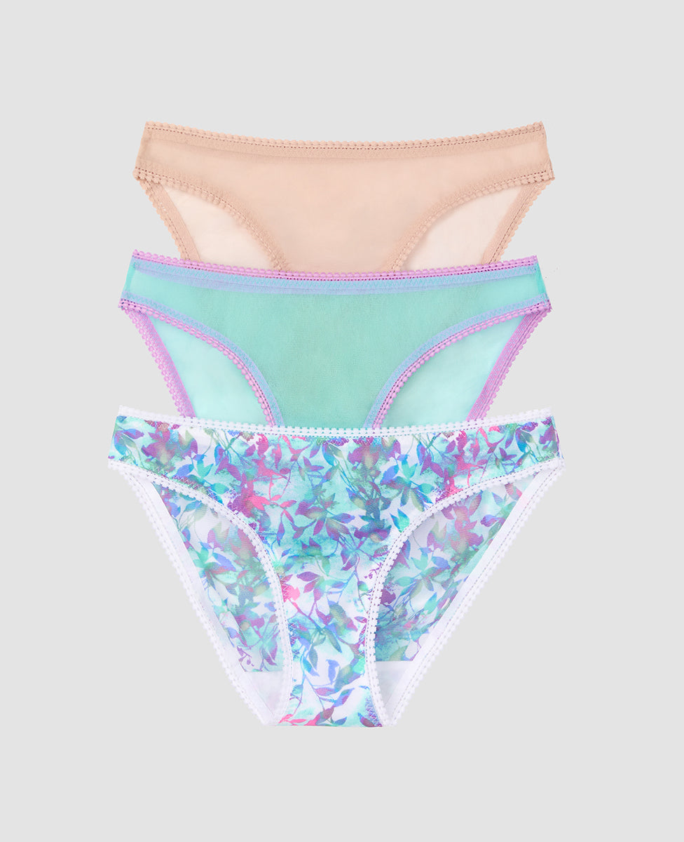 A  multi color Gossamer Mesh Hip Bikini Underwear 3 Pack