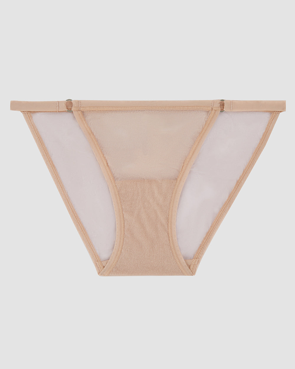 Champagne gossamer mesh string bikini underwear.