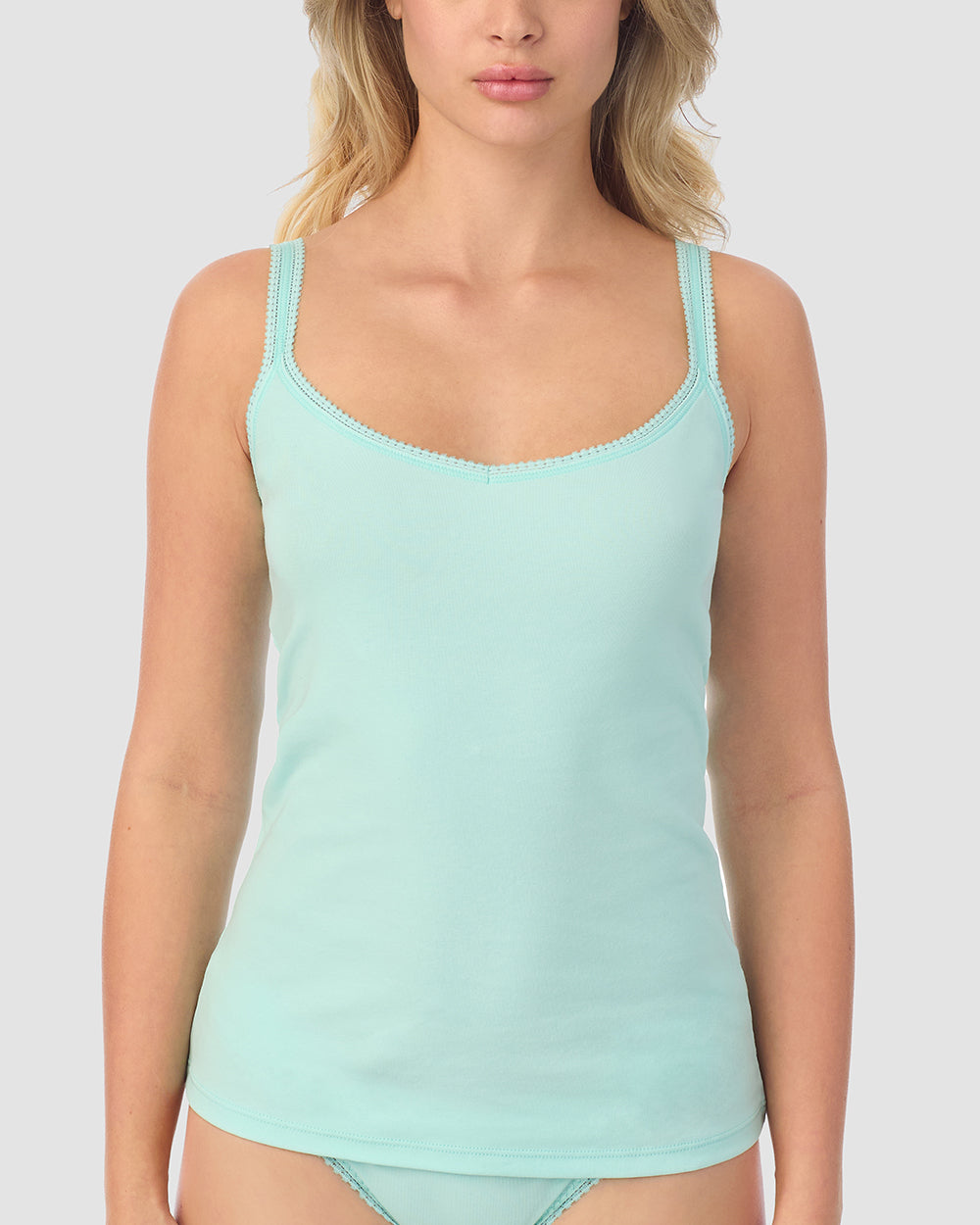 A lady wearing Frosted mint Cabana Cotton Reversible Cami 