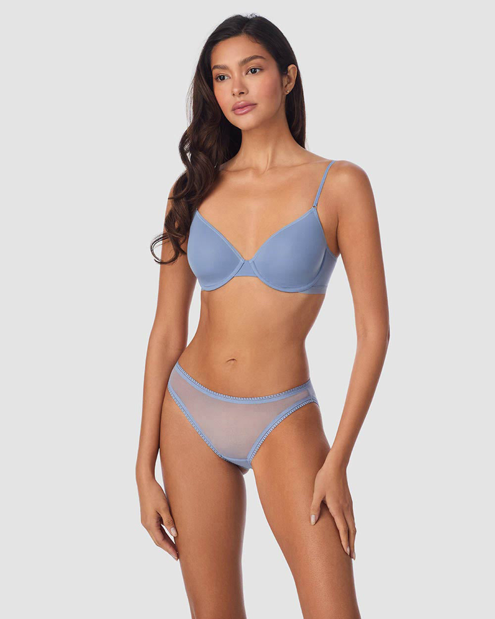 A lady wearing Next To Nothing Micro T-Shirt Bra - Country Blue
