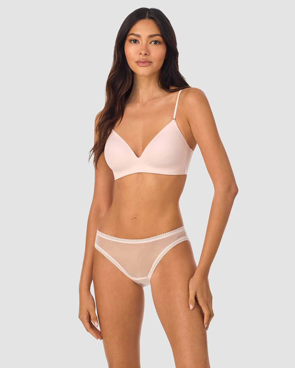 A lady wearing Next to Nothing Micro Wireless Bra - Mauve Chalk