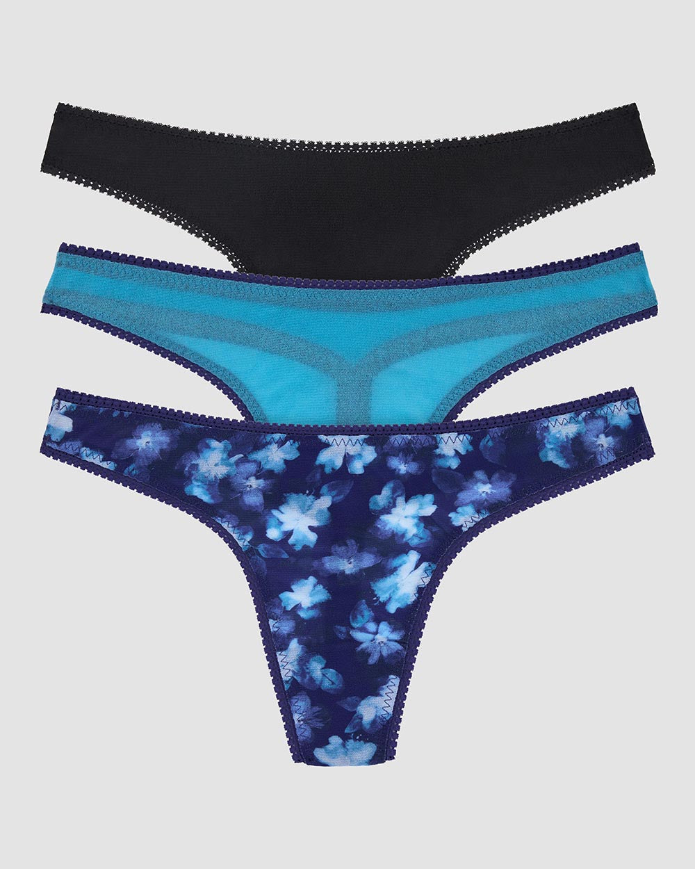 Gossamer Mesh Hip G Thong Underwear 3 Pack - Heavenly Floral/Delphinium Blue/Black