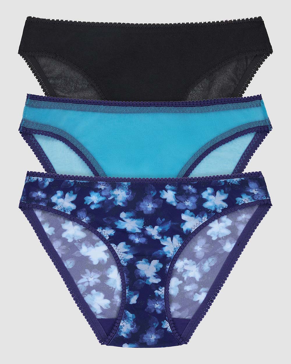 Gossamer Mesh Hip Bikini Underwear 3 Pack - Heavenly Floral/Delphinium Blue/Black
