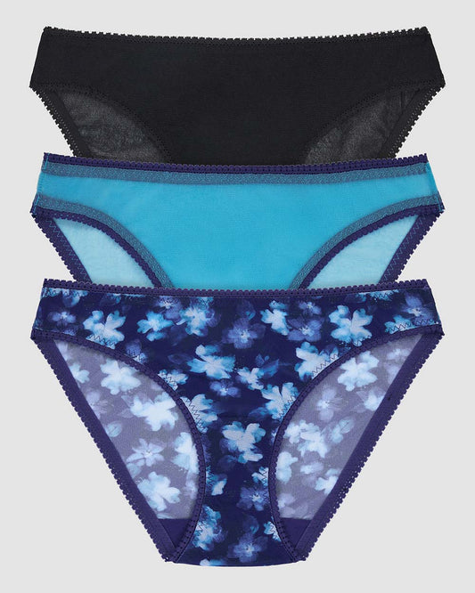 Gossamer Mesh Hip Bikini Underwear 3 Pack - Heavenly Floral/Delphinium Blue/Black