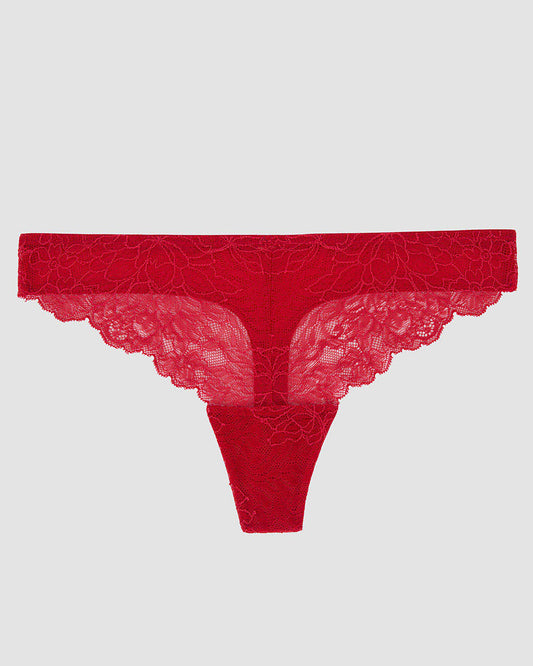 A lady wearing Luxe Lace Thong - Crimson