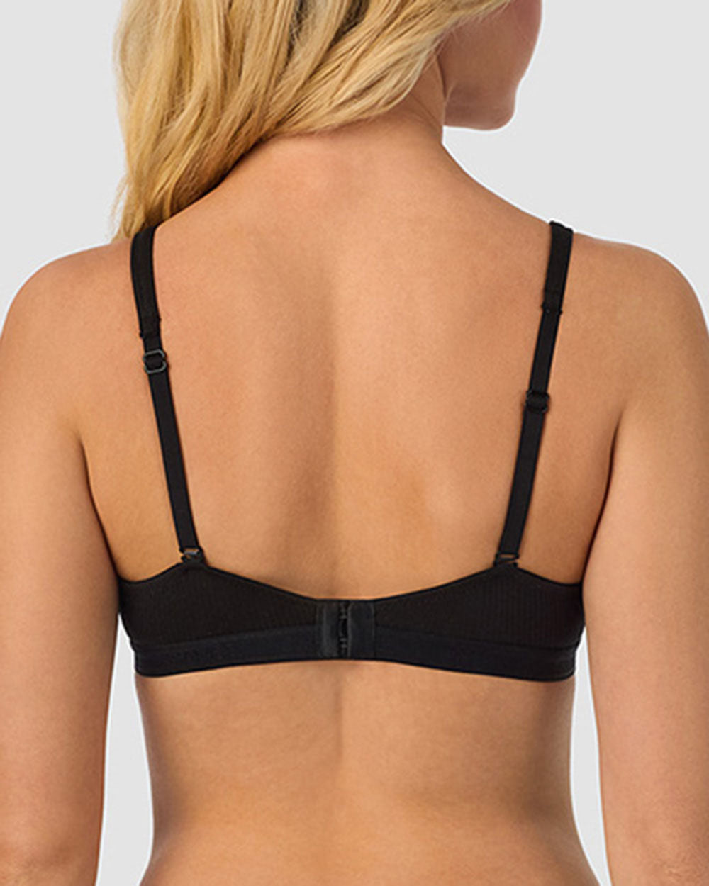 A lady wearing black Cabana Cotton Rib Plunge Bralette