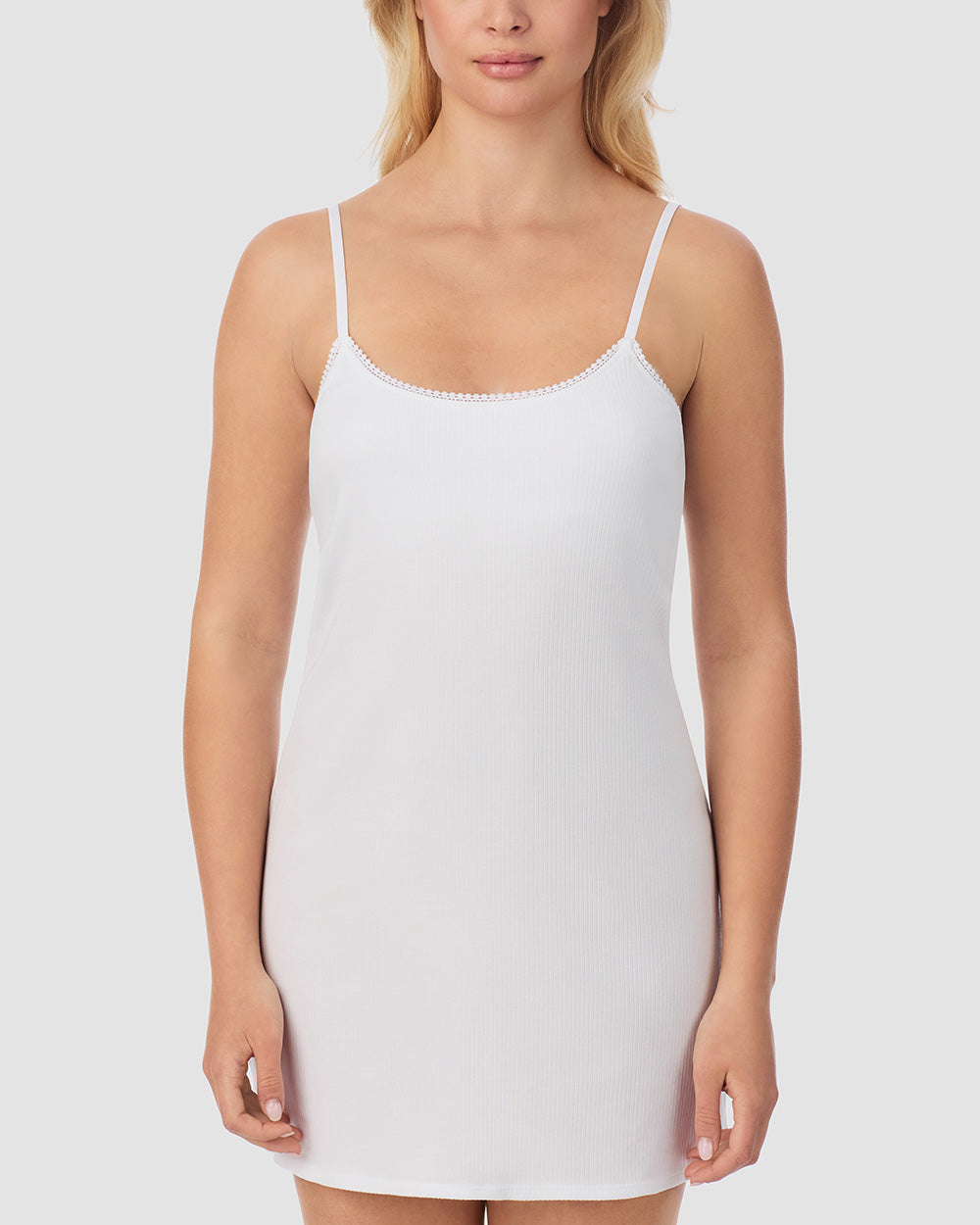 A lady wearing Cabana Cotton Rib Slip - White