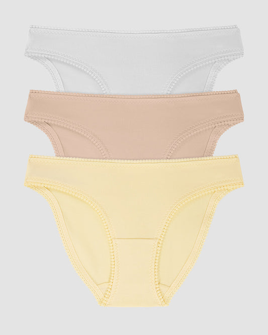 A Cabana Cotton Bikini Underwear 3 Pack - Banana Cream Champagne White the front view of the colors