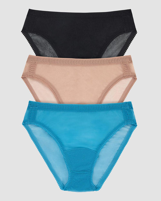 Gossamer Mesh Hi Cut Underwear 3 Pack - Black/Champagne/Delphinium Blue