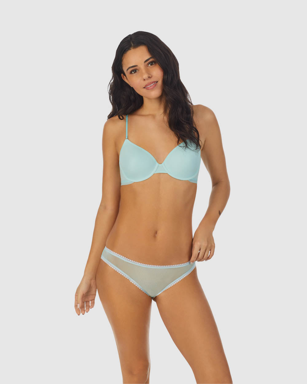 A lady wearing Pastel Turquoise Next To Nothing Micro T-Shirt Bra
