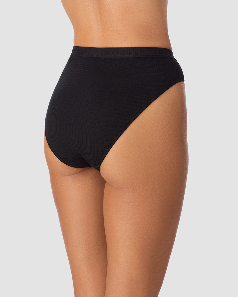 A Lady Wearing Cabana Cotton Rib Hi Cut - Black posing back view
