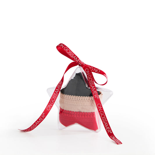 A Black/Champagne/Crimson Gossamer Mesh Hip Bikini 3 Pack Ornament Set