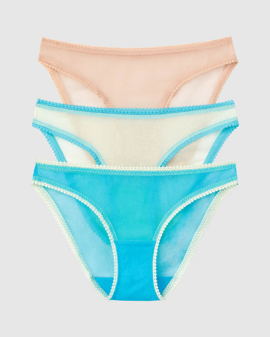 A multi color Gossamer Mesh Hip Bikini Underwear 3-Pack