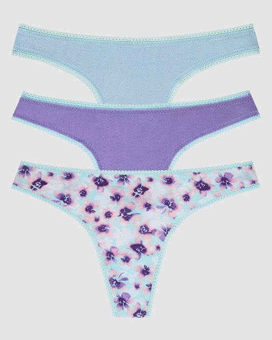 Gossamer Mesh Hip G Thong Underwear 3 Pack - Blue Skies Paisley Purple Floral Dreams