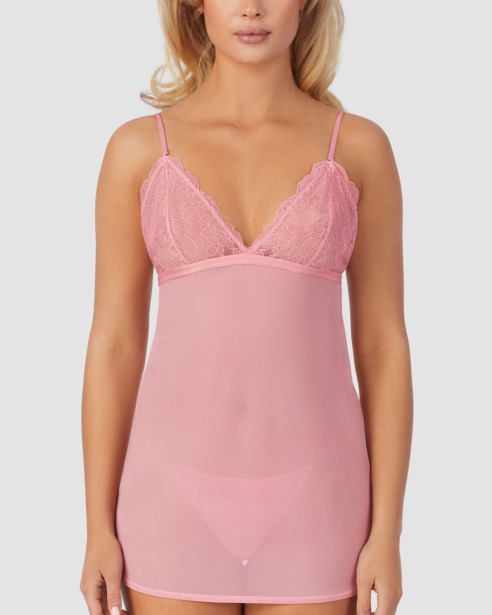 A lady wearing Luxe Lace Chemise String Thong Set in Plumeria