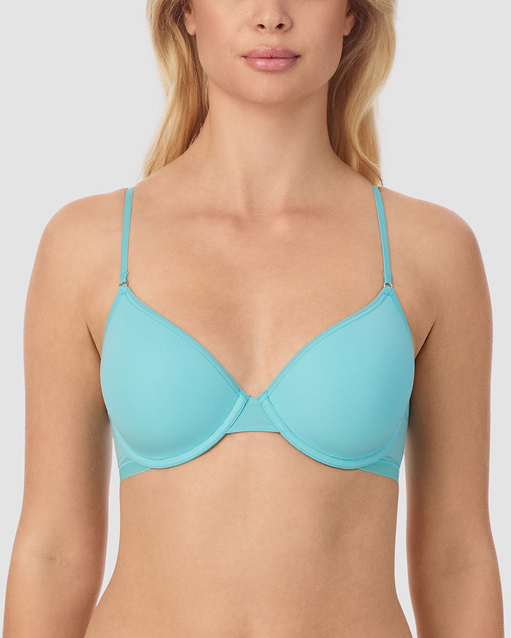 A lady wearing waterfall color Next To Nothing Micro T-Shirt Bra Closer look