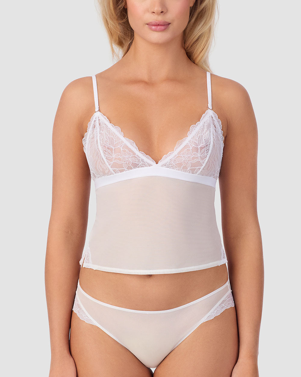 A lady wearing Luxe Lace Triangle Cami in White