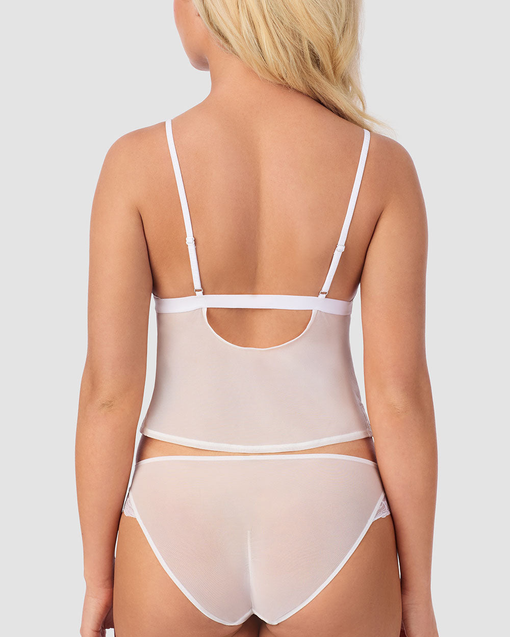 A lady wearing Luxe Lace Triangle Cami in White