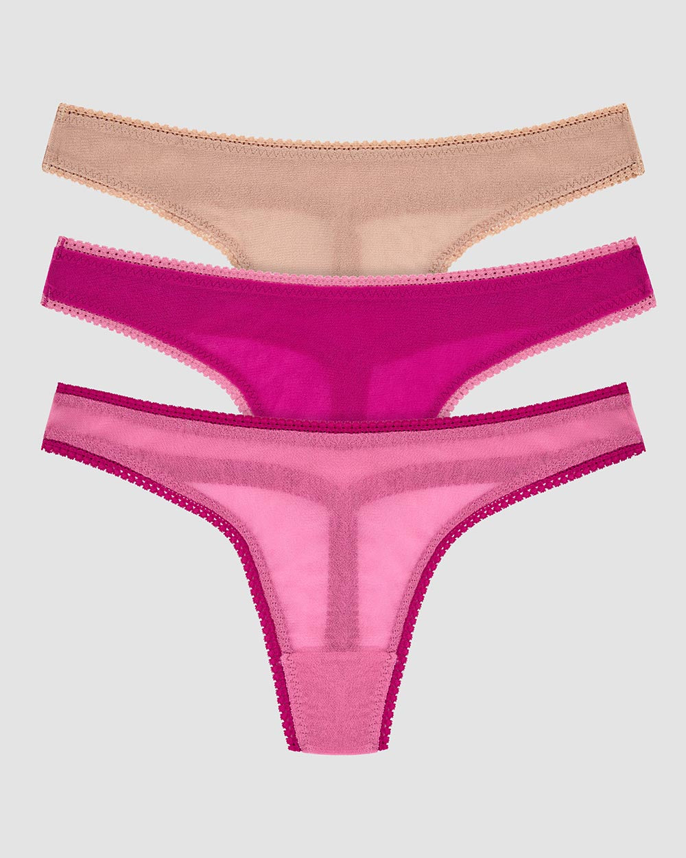 Gossamer Mesh Hip G Thong Underwear 3 Pack - Dusted Petal Electric Berry Champagne