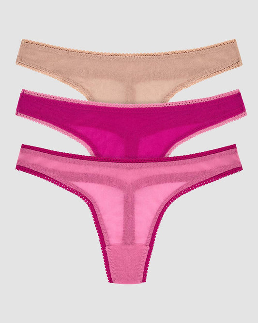 Gossamer Mesh Hip G Thong Underwear 3 Pack - Dusted Petal Electric Berry Champagne
