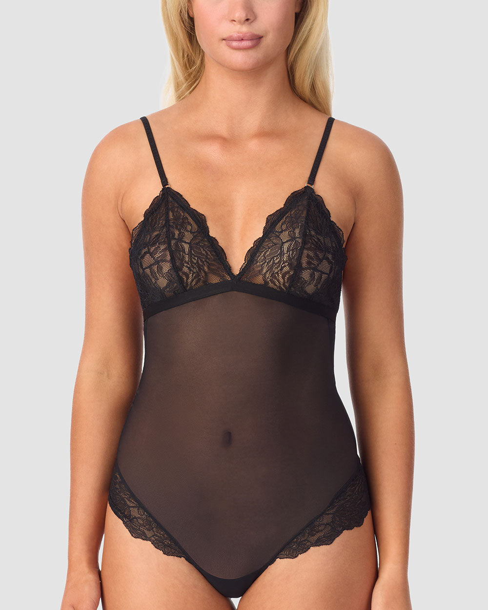 A lady wearing Luxe Lace Bodysuit - Black