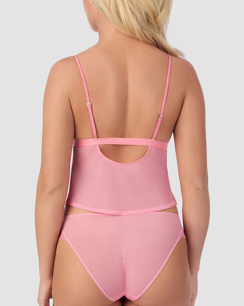 A lady wearing Luxe Lace Triangle Cami in Plumeria